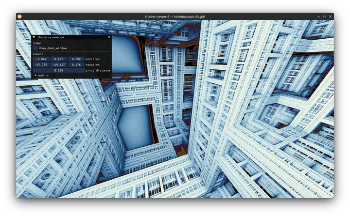 Kaleidoscopic IFS fractal raymarched in Shader Viewer 4, with the ImGui camera overlay open
