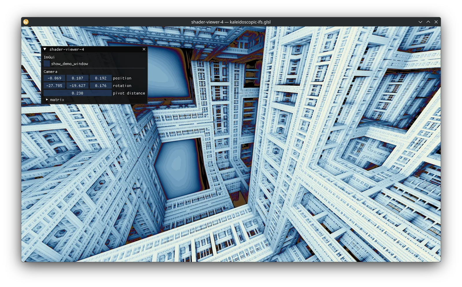 Kaleidoscopic IFS fractal raymarched in Shader Viewer 4, with the ImGui camera overlay open
