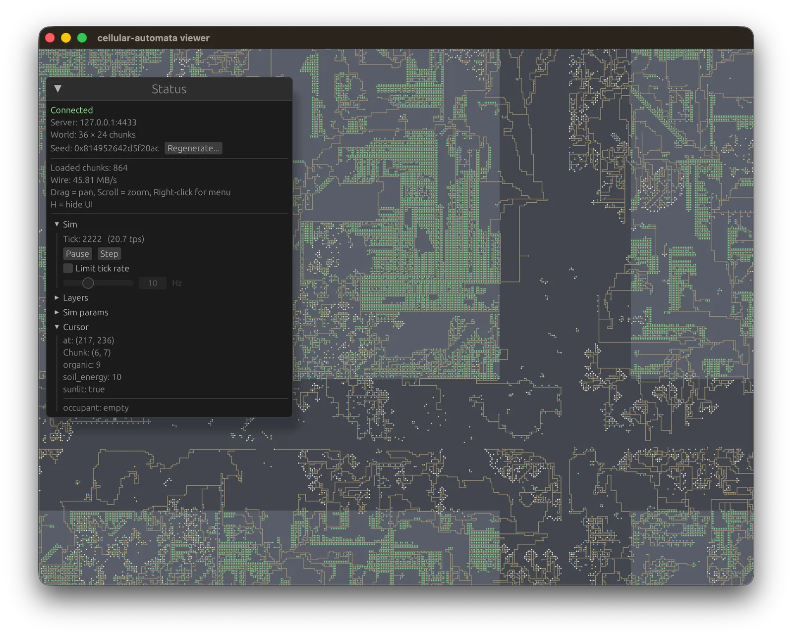 Plant-evolution cellular automaton rendered in the wgpu viewer