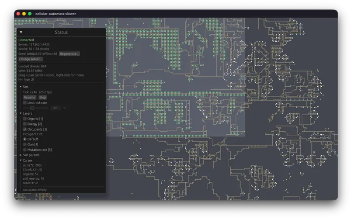 Cellular automaton world in the wgpu viewer, with the status panel showing tick rate, loaded chunks, and wire throughput