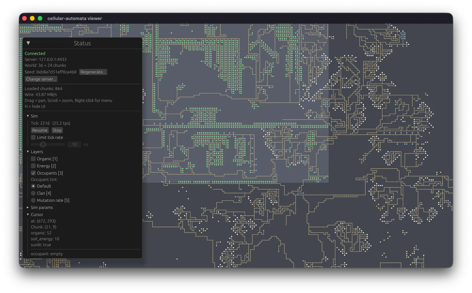 Cellular automaton world in the wgpu viewer, with the status panel showing tick rate, loaded chunks, and wire throughput