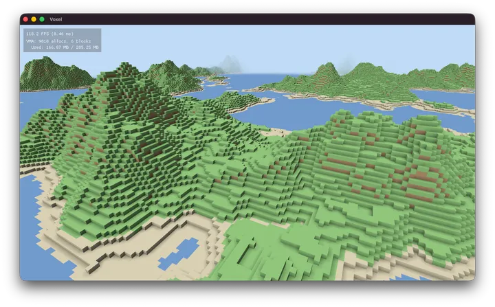 Voxel terrain rendered with per-vertex ambient occlusion